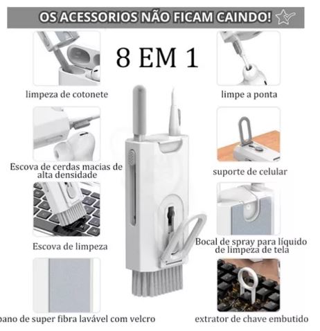 Kit 8 em 1 para limpeza teclado PC e fone de ouvido